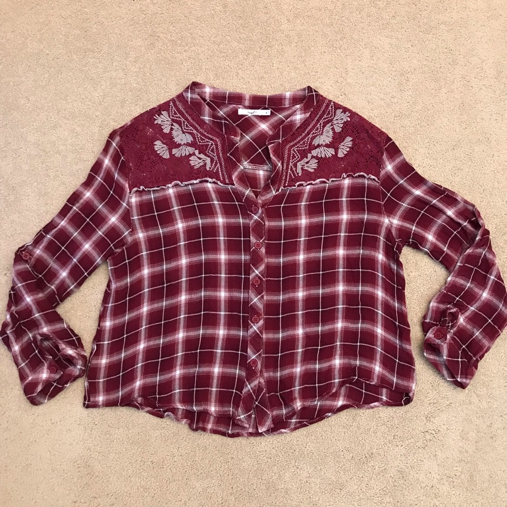 Fall Plaid Burgundy Button Up Blouse Size L Embroidered Lace Detail Lightweight